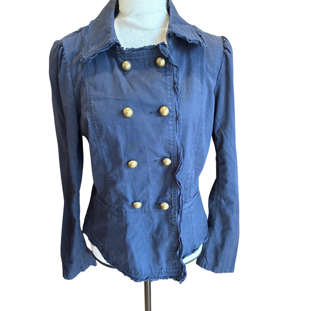 Ann Taylor LOFT Military Style Jacket Distressed Navy Blue Double Breasted Sz. 6